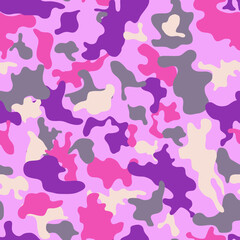 seamless pattern features a vibrant and colorful camouflage design in shades of pink, purple, and gray, perfect for trendy and modern fashion or decorative purposes