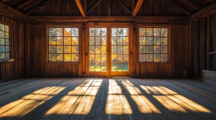 Sunlit Autumn Cabin Interior with Golden Light Streaming Through Windows
