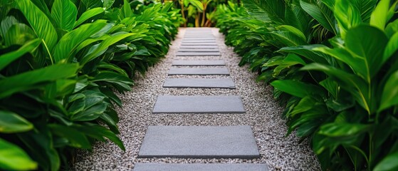 A serene pathway lined with lush green plants and smooth stones, inviting exploration through a tranquil garden setting.