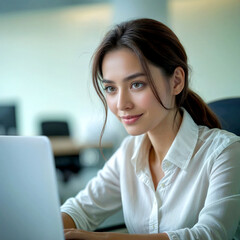 A 20's young woman office worker who works while looking at a laptop in the office, a woman with dark brown hair and a very slight smile. The background of the office is simple and the best place to w
