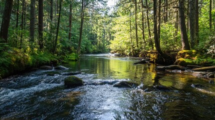 Fototapeta premium A serene river flows through a lush green forest with sunlight filtering through trees creating reflections on the water