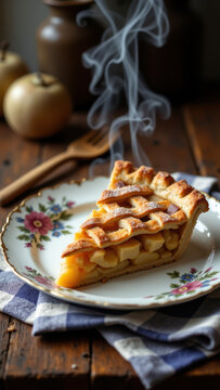 Freshly baked apple pie on a floral plate with steam rising from its golden crust.