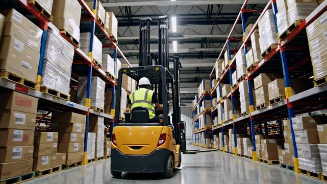 Warehouse worker skillfully maneuvers a forklift through aisles stacked with boxes, demonstrating expertise in logistics and inventory management within a distribution center