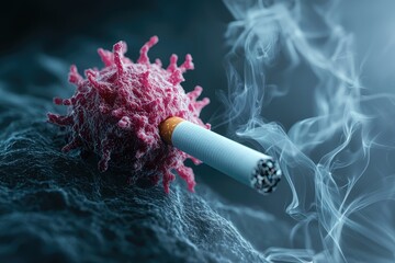 Artistic Representation of a Cancer Cell Interacting with Cigarette Smoke, Highlighting the Connection Between Smoking and Cancer Development to Raise Awareness