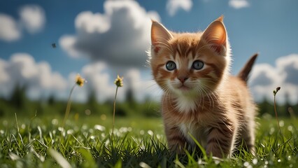 playful kitten walking on green grass blue sky