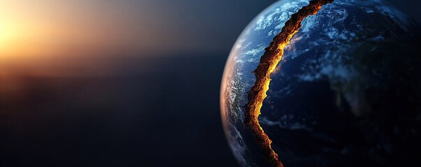 A dramatic view of Earth showcasing a crack emitting a fiery glow, symbolizing geological processes or potential catastrophic events.