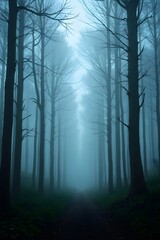Misty forest pathway in calm blue hues
