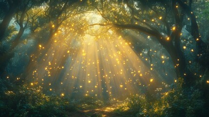 Fototapeta premium Enchanted Forest Path with Glowing Fireflies and Golden Sunlight