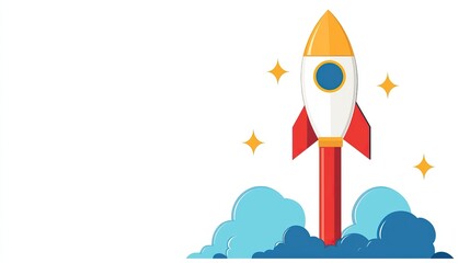 Fototapeta premium A colorful rocket illustration launching into the sky, surrounded by clouds and sparkles, symbolizing adventure and exploration.