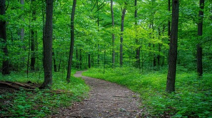 Fototapeta premium A peaceful forest walk surrounded by evergreen trees, with their lush, green leaves providing shade along the path.