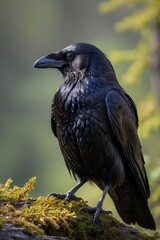 Fototapeta premium there is a black bird sitting on a mossy branch