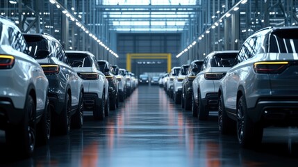 Factory car assembly line, production process, indoor, vehicles