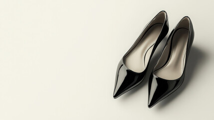 A pair of classic black high-heeled shoes neatly arranged on a white background