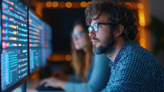 E-commerce+success story. Focused individuals working on computers with screens displaying data.