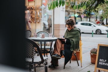 A person sits at a street side cafe, writing in a notebook, surrounded by autumn surroundings with a cozy ambiance. The concept depicts relaxation, creativity, and enjoying a quiet moment in an urban