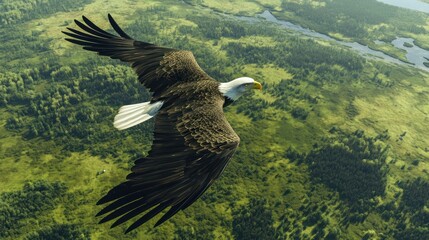 Fototapeta premium Majestic Bald Eagle Soaring Over Lush Alaskan Wilderness