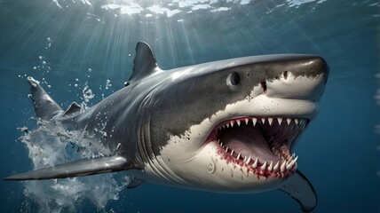 Fototapeta premium Realistic 3D white shark with open mouth isolated on white background.