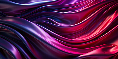 Fototapeta premium Vibrant waves of silky fabric flow in rich shades of purple and red, creating a luxurious and dynamic visual effect. The smooth, glossy surface reflects light beautifully, adding depth and movement.AI