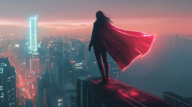 Silhouette of a Supergirl at Dusk, overlooking a futuristic cityscape, neon glow emanating from her cape