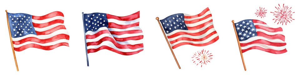 Obraz premium Memorial day element, American flags waving with colorful fireworks in background, isolated on transparent background.