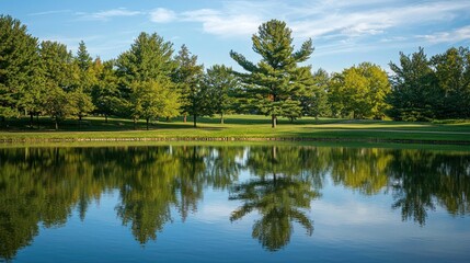 Obraz premium A peaceful lakeside scene with evergreen trees lining the shore, their reflection mirrored in the calm water.