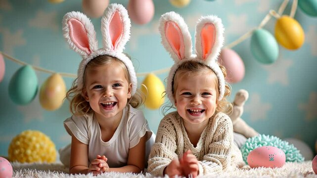 Joyful children with Easter bunny ears celebrating easter amid colorful decor. Easter time concept