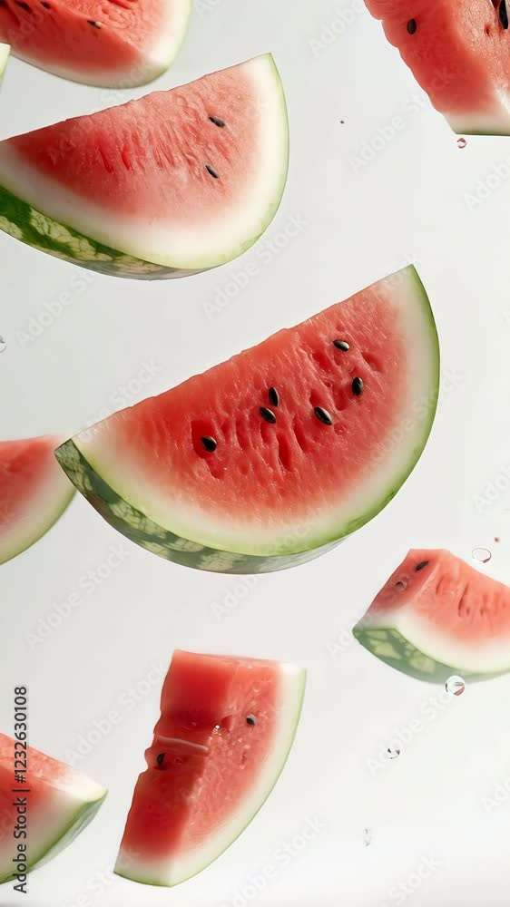 Poster several slices of fresh, ripe watermelon are levitating against a clean white background, creating a