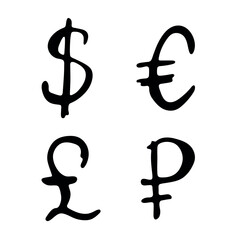 Hand drawn multiple currencies symbol set Dollar euro pound ruble