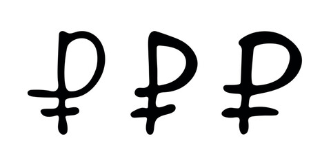 Hand drawn russian ruble currency symbol set Brush stroke doodle Single element for design