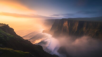 Fototapeta premium Stunning coastal cliffs with crashing waves under a dramatic sunset sky.