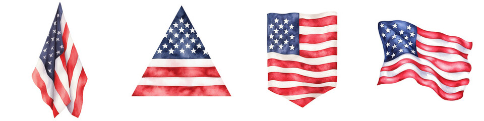 Obraz premium Memorial day element, American flag designs in various shapes and styles, showcasing patriotism, isolated on transparent background.