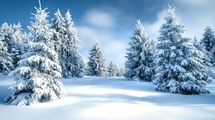 Obraz premium A winter scene with evergreen trees covered in soft snow, their branches reaching high into the frosty air.