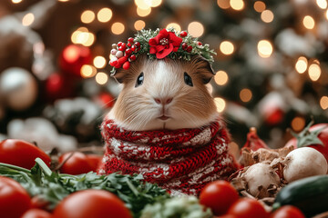 Obraz premium Guinea pig wearing a small flower crown, surrounded by fresh, colorful vegetables, with festive decorations. National Pet Day