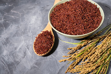 A bowl of red-rice on a gray table next to a wooden spoonful and ears of rice.Bowl is filled with raw-rice and the spoon is full.The red-rice is spread out in the bowl.
