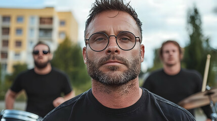 Serious musician, bandmates blurred, city background, music promo