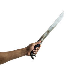 Close-Up of a Hand Firmly Holding an Old Machete Against Transparent Background