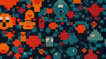 Fototapeta premium Pixelated abstract art. Retro game design. Colorful geometric shapes. 8-bit digital pattern.