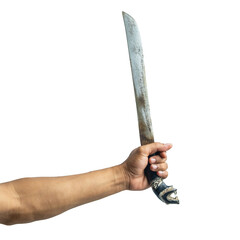 Hand Holding a Vintage Machete with a Carved Wooden Handle on Transparent Background