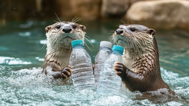 River Otters Compare Water Bottles Zoo Habitat Fun Event Aquatic Environment Playful Perspective