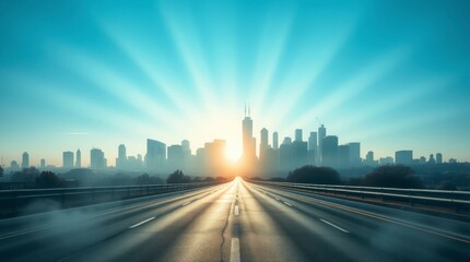 Obraz premium Open Road to City Skyline Sunrise