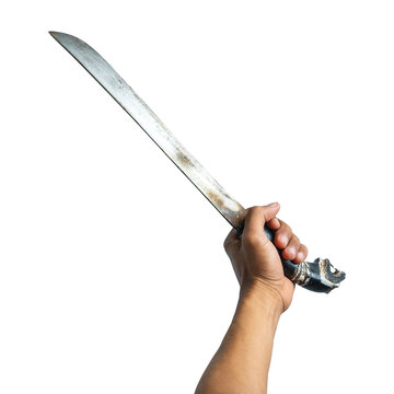 Hand Holding a Traditional Machete Raised Against a Transparent Background