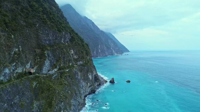 Aerial 4K footage of Qingshui Cliffs in Hualien, Taiwan. It is a famous landmark with beautiful scenic drive in Taiwan.