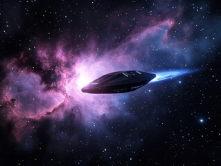 Fototapeta premium Futuristic spaceship traveling through colorful cosmic nebula space