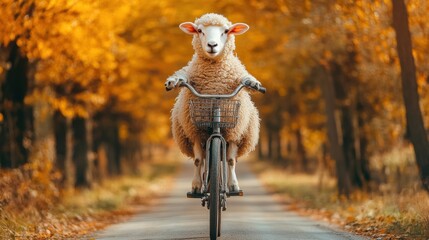 Obraz premium Sheep Riding Bicycle Countryside Road Animal Photography Autumn Environment Playful Viewpoint Whimsical Concept
