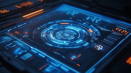 Obraz premium Futuristic interface activates; glowing display, dark tech background; digital dashboard