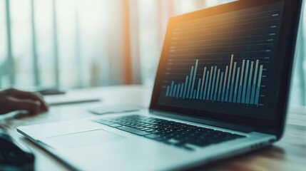 E-commerce+success story. Laptop displaying data analytics in a modern workspace.