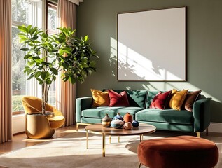 Frame mockup, chic living room wall poster mockup design. Interior mockup with home background. Modern cozy interior design.