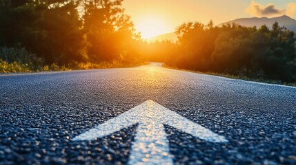 Scenic sunrise on a winding road with a painted arrow pointing forward, symbolizing direction, opportunity, and the journey ahead