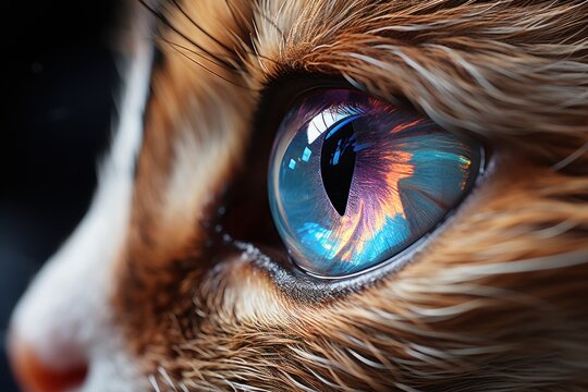 Close-up cat eye, vibrant reflection, dark background, pet portrait