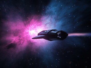 Futuristic Spacecraft Flying Through Colorful Nebula in Deep Space